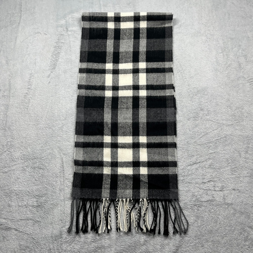 Made in Italy Scarf Black White Plaid Herringbone Fringe Acrylic Unisex OS